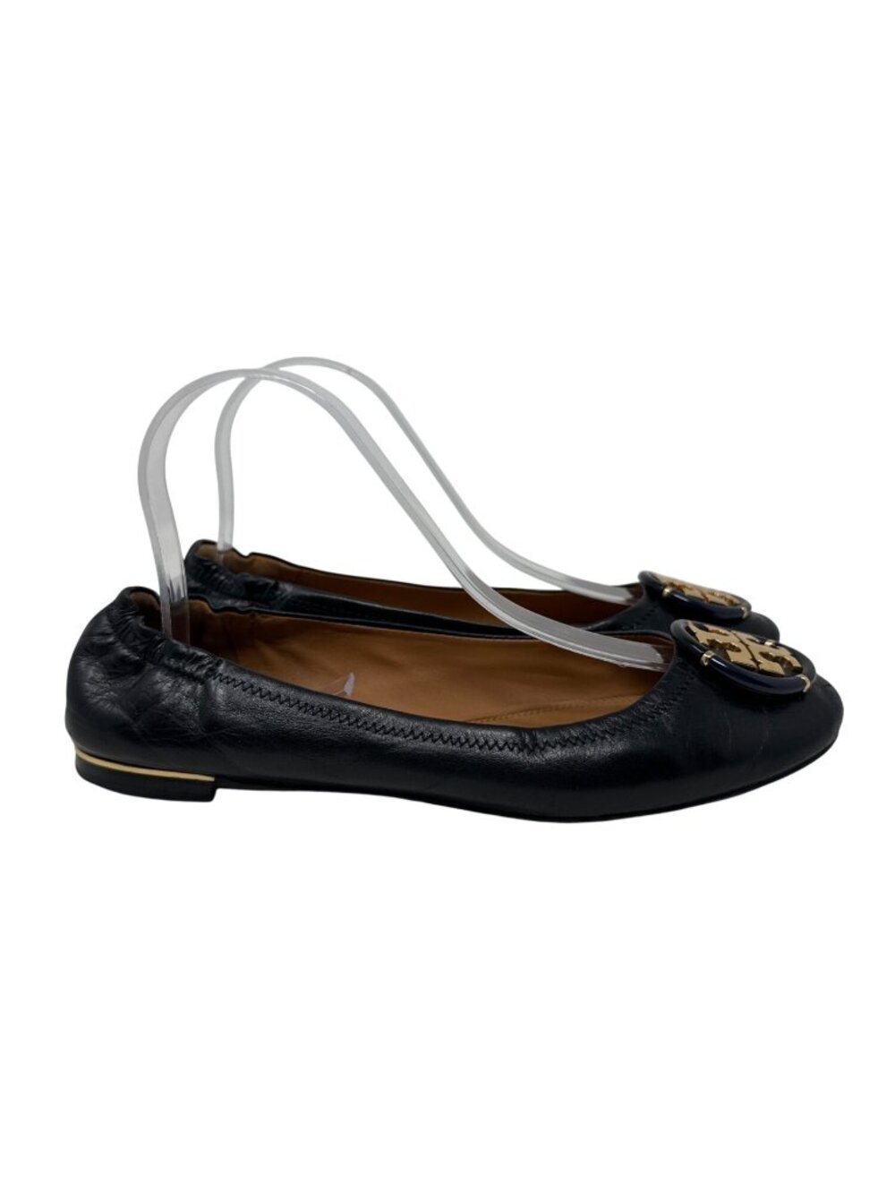 Tory Burch Black Leather Minnie Travel Ballet Flats With Gold Logo Womens Size 8